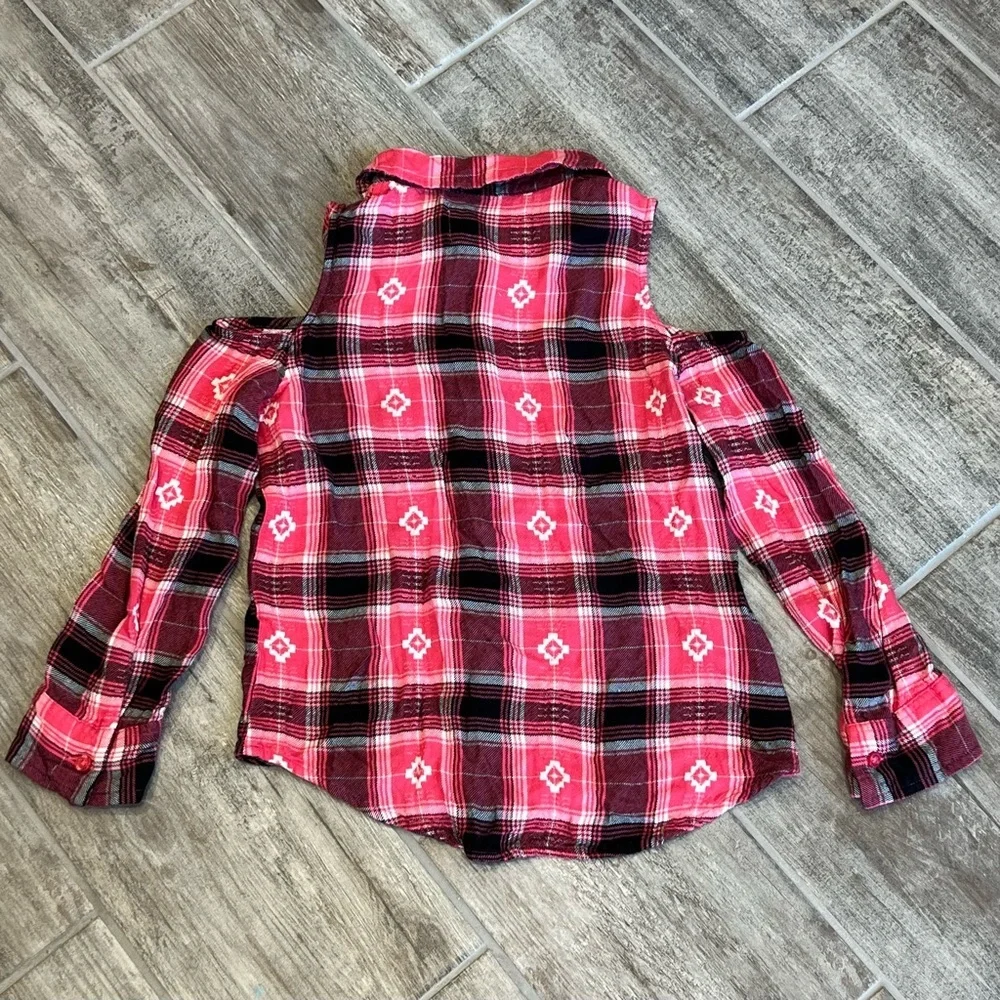 Justice‎ Red Cold Shoulder Long Sleeve Plaid Lace Trim Cowgirl Shirt Girl's 10